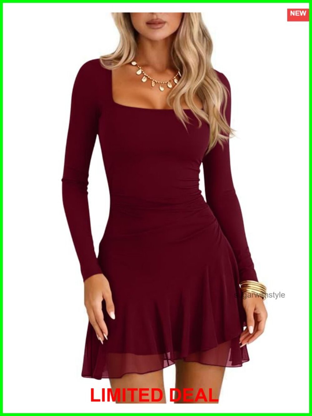 Women's Long Sleeve Square Neck Ruched Mesh Hem Mini Dress Fit & Flare